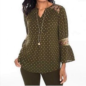Chicos Olive Polka Dot Women's Top. Size 3.
